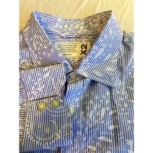 X2 Modern Fit Mens Blue White Striped Paisley Long Sleeve Button Down Shirt XL